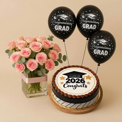 Class of 2026 Graduation Cake With Pink Roses n Balloons