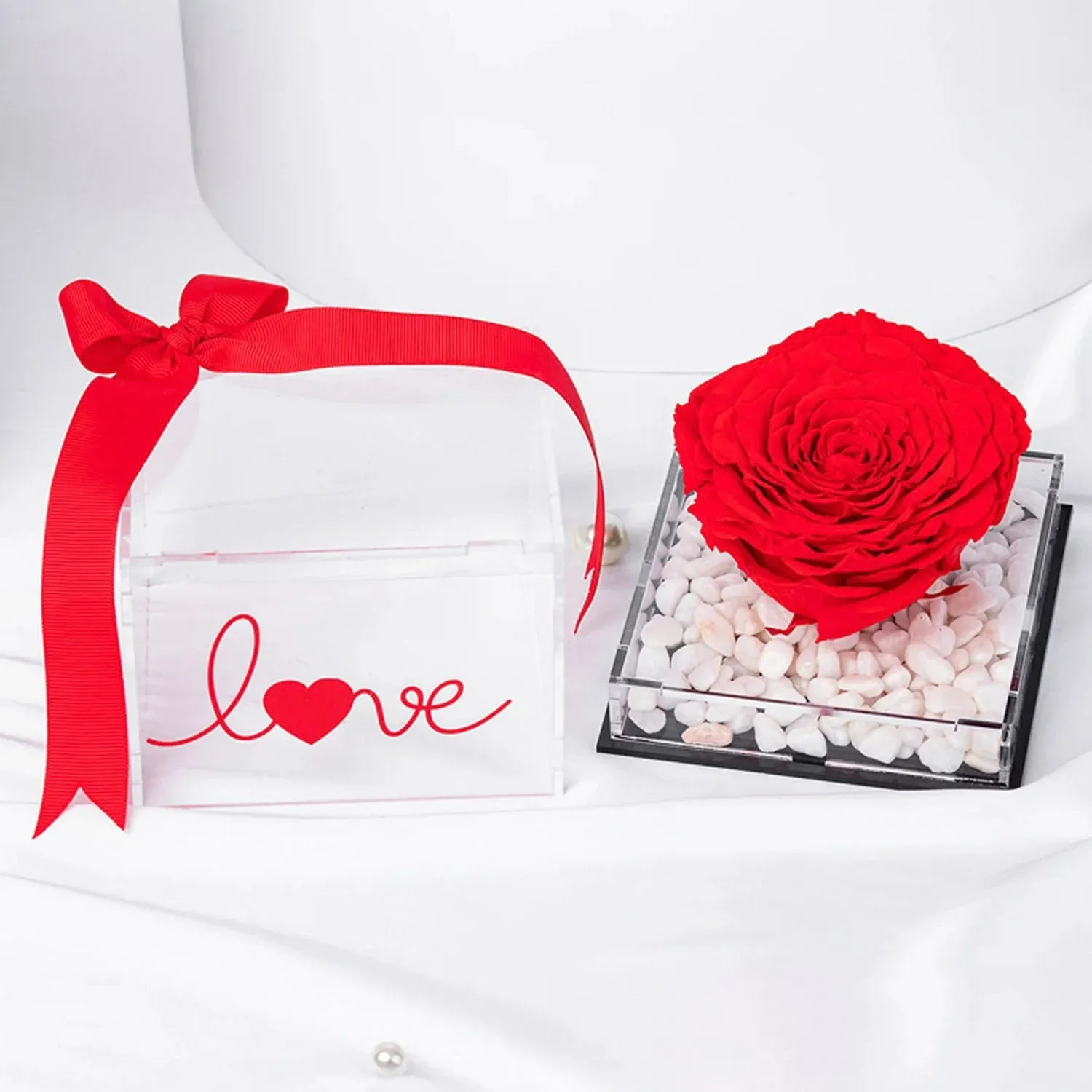 Elegant Forever Love Cube Box with Preserved Red Rose