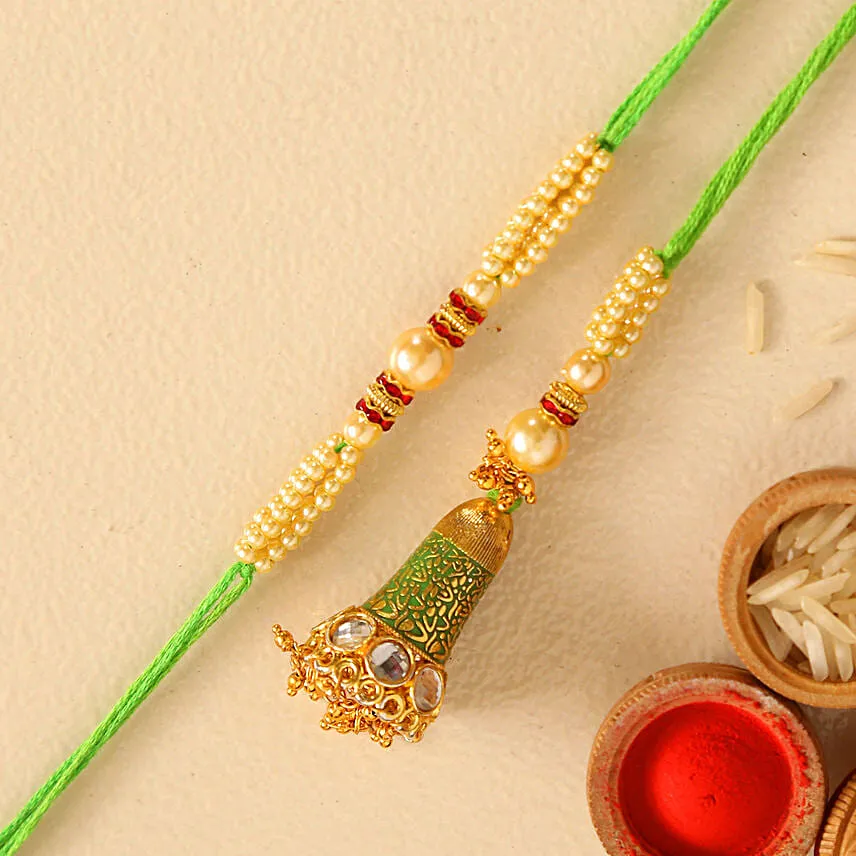 Ethnic Green Pearl And Lumba Rakhi Set With Soan Papdi