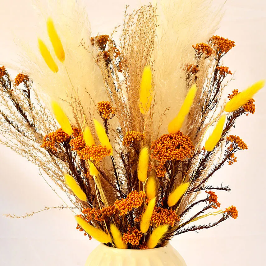 Dry Flowers Arrangement in White Ceramic Vase