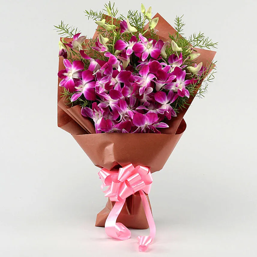 Six Exotic Purple Orchids Bouquet With Cake