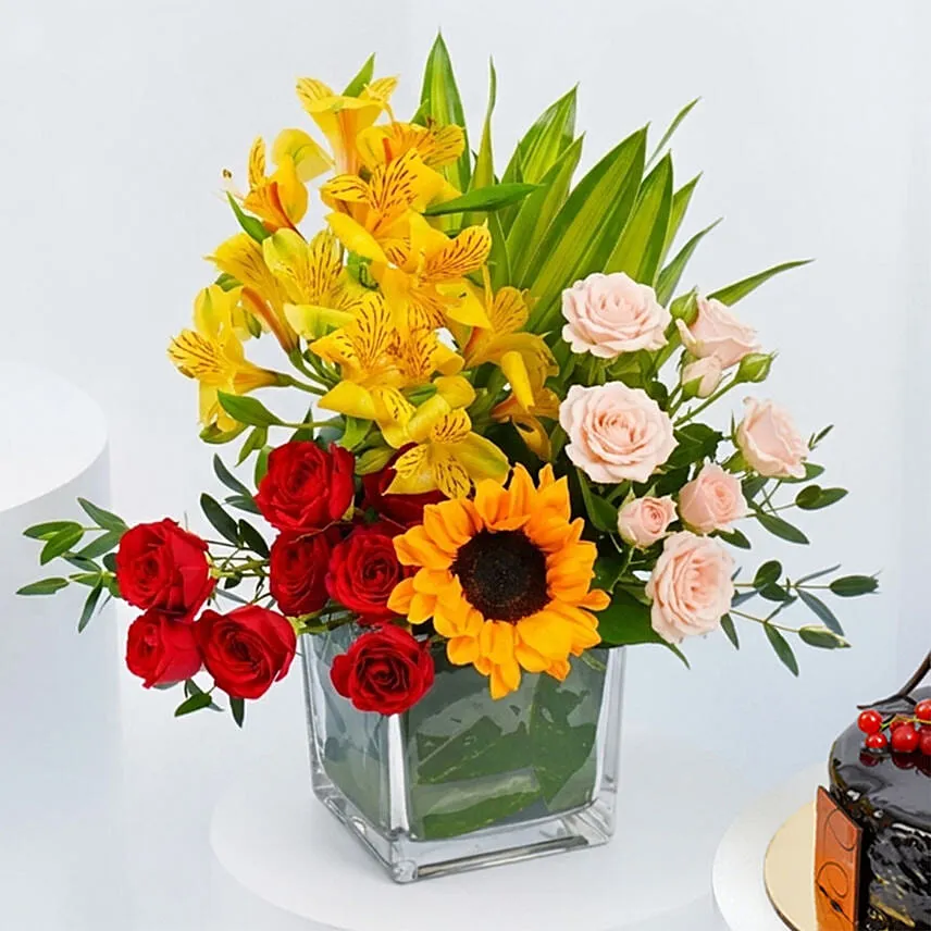Eggless Chocolate Truffle Cake and Flowers Combo