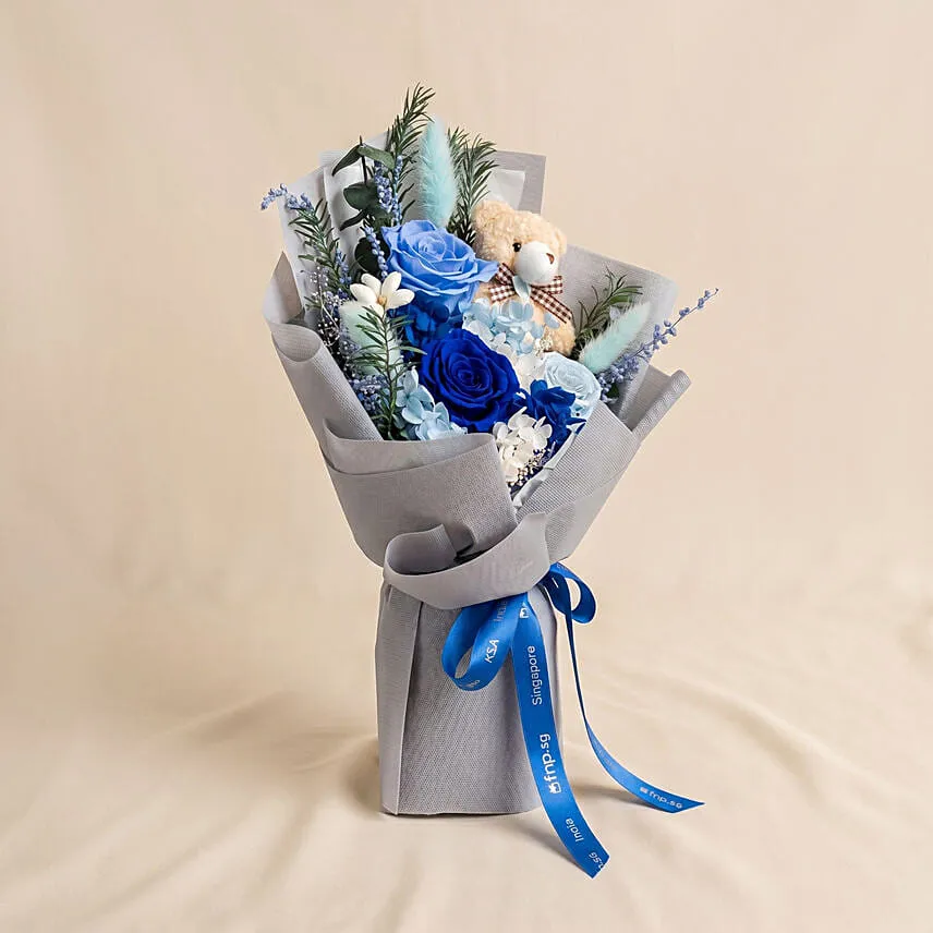 Mystic Blue Preserved Rose Bouquet with Teddy Bear