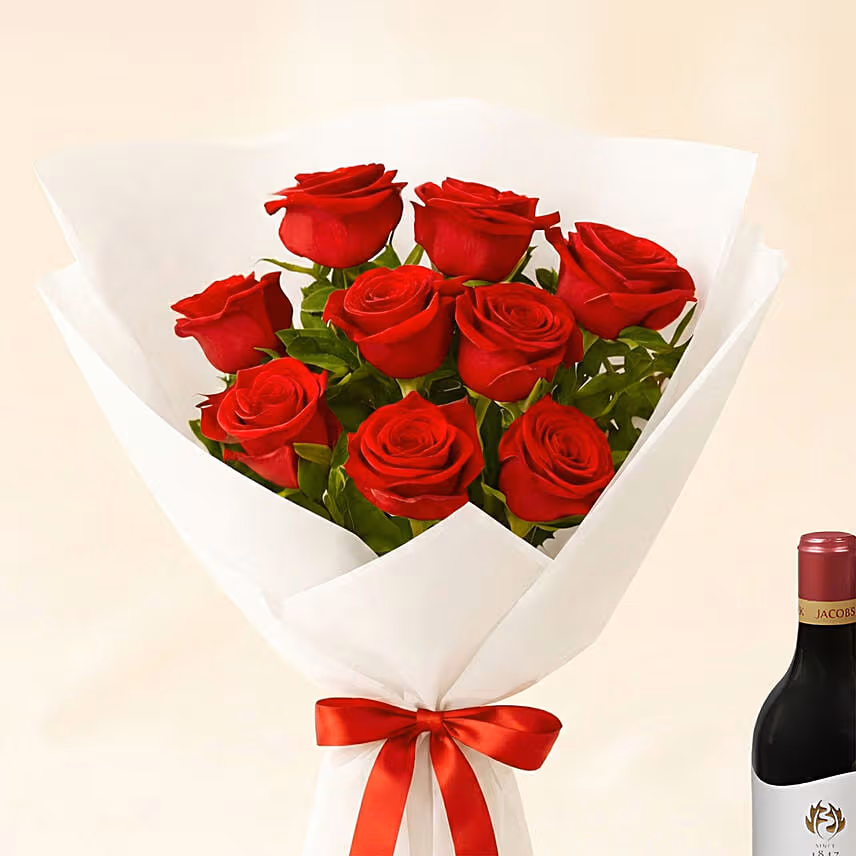 Love 9 Red Roses Bouquet n Wine