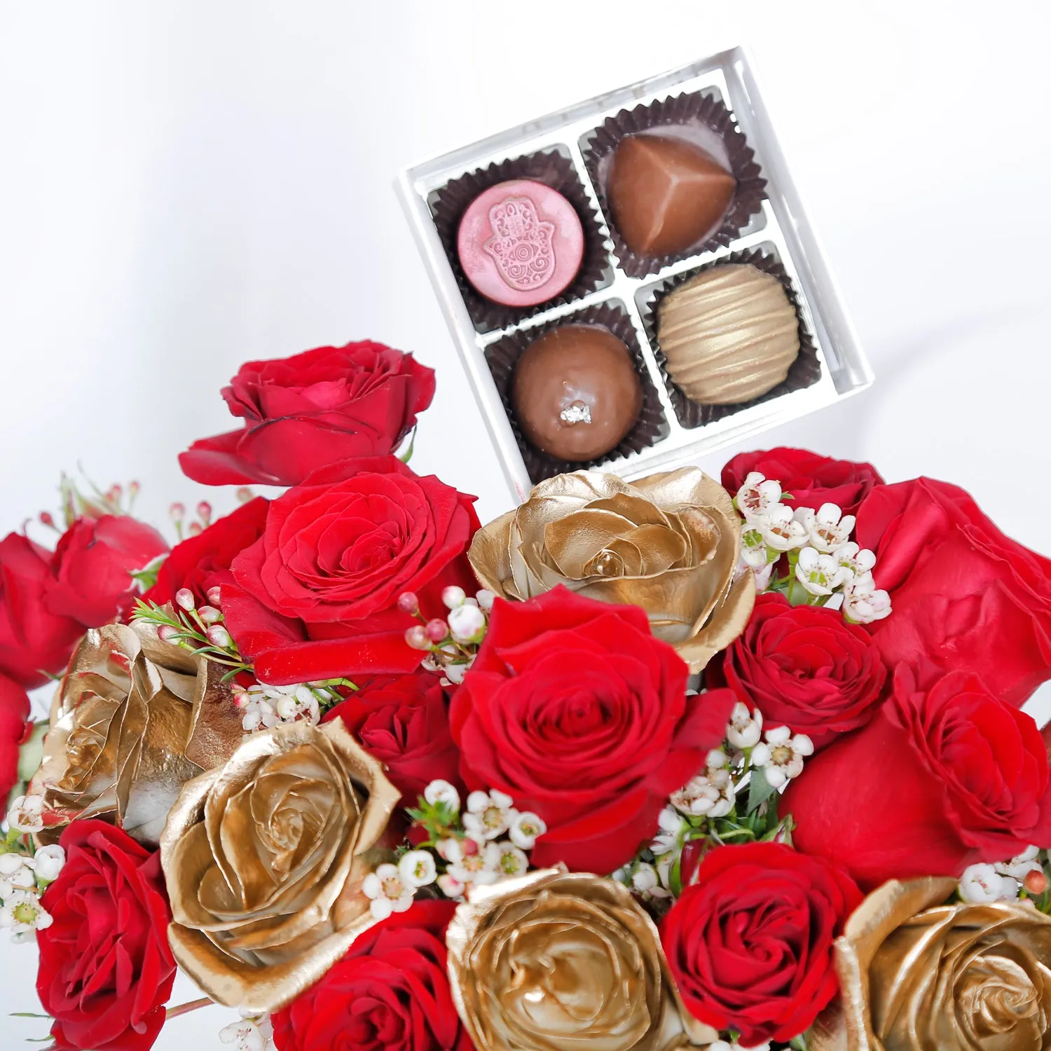 Love's Sweet Embrace Vase with Gold & Red Roses and Chocolates by Opera Patisserie