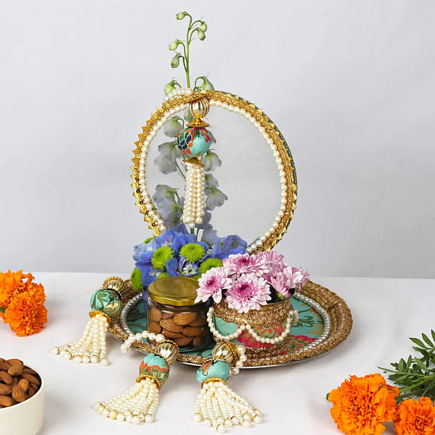 Premium Karwachuth Thali Set Flowers & Nuts