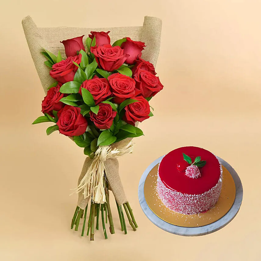 12 Valentines Red Roses Bouquet With Cake For Valentines