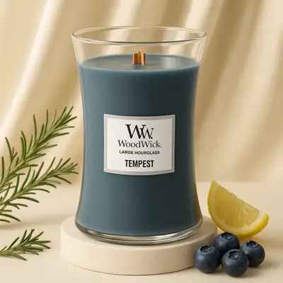 Woodwick Large Hourglass Candle - Tempest: A Symphony of Oceanic and Citrusy Aroma