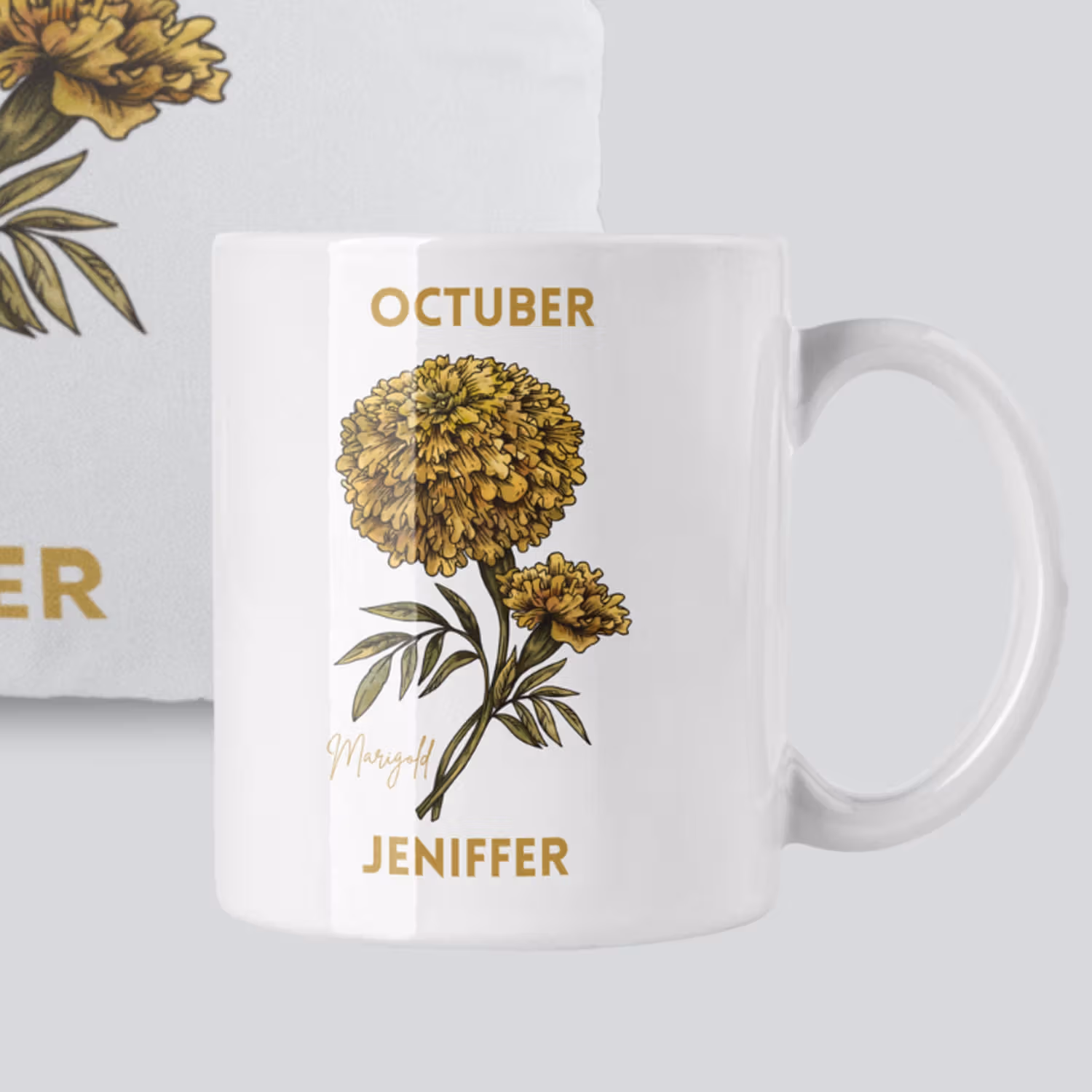 Personalised October Mug And Cushion Yellow Marigold