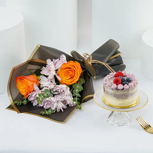 Mini Blueberry Cake n Flower Bouquet Combo 