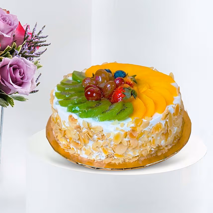 Royal Purple Roses Vase & Half Kg Fruit Cake