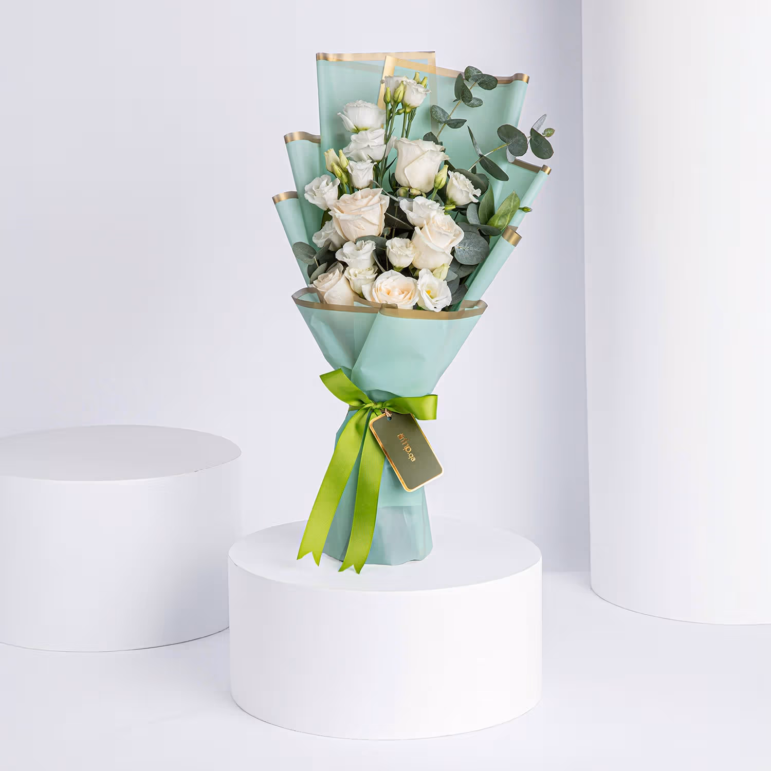 Kenooz Gift Set: Elegant White Roses Bouquet with Perfume Oil & Bakhoor