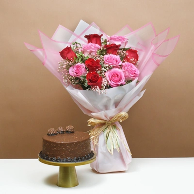 Exquisite Romance: Pink & Red Roses with Ferrero Rocher Chocolate Cake