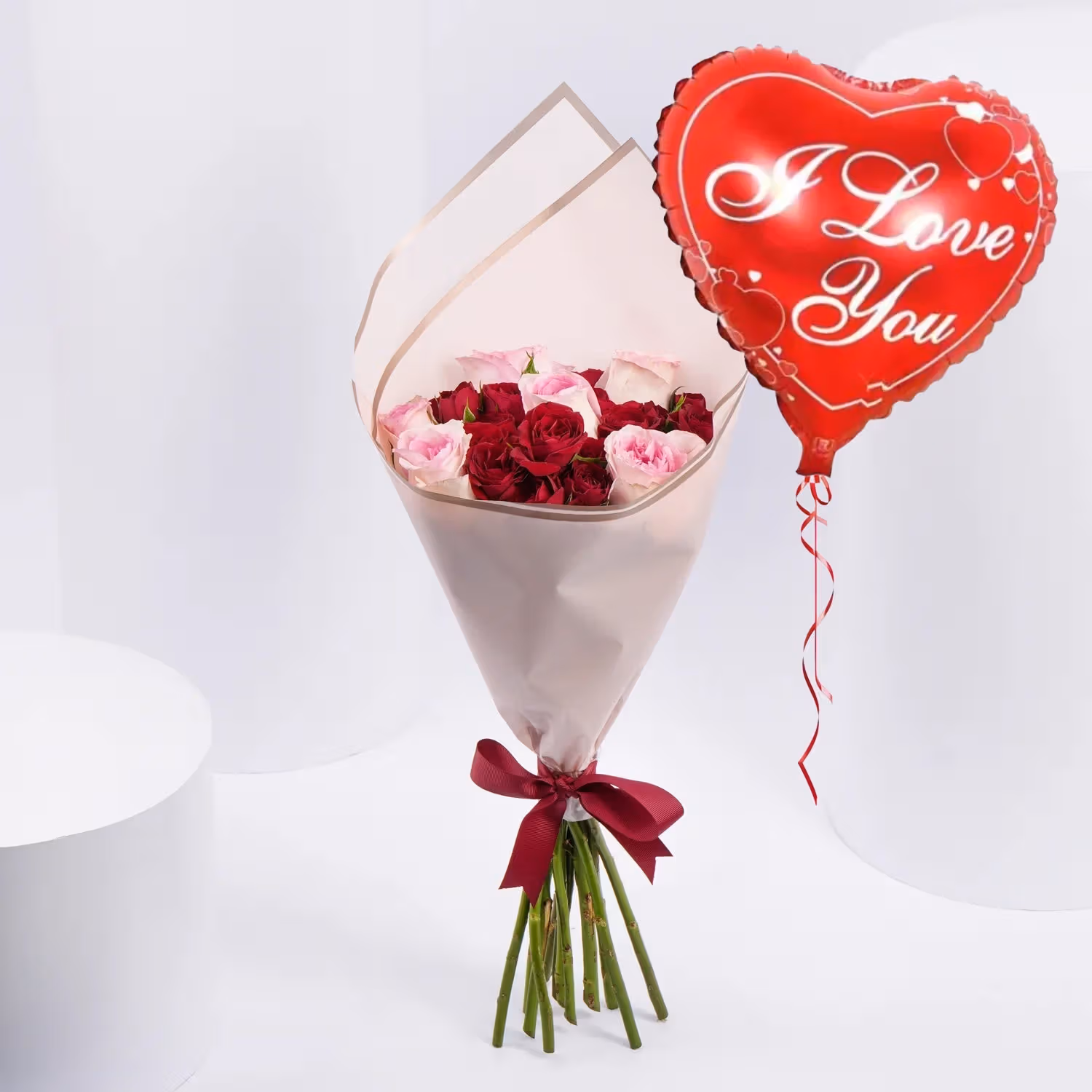 Moments in Bloom: Elegant Pink and Red Rose Bouquet - With Cake