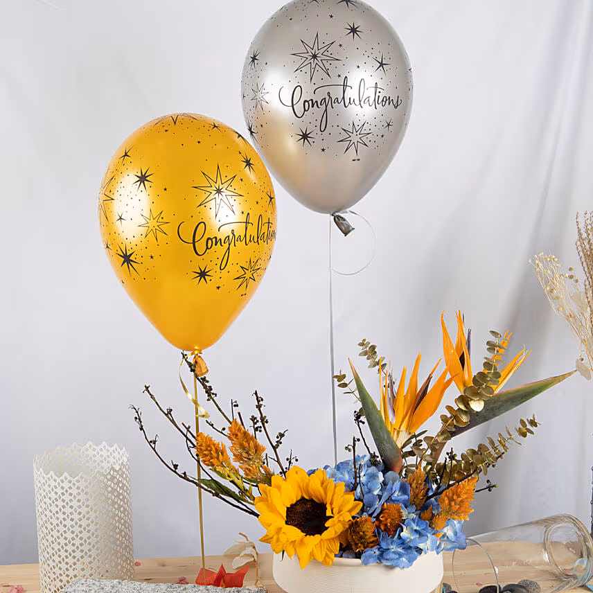 Yellow and Blue Flowers Magic with Congrats Balloons