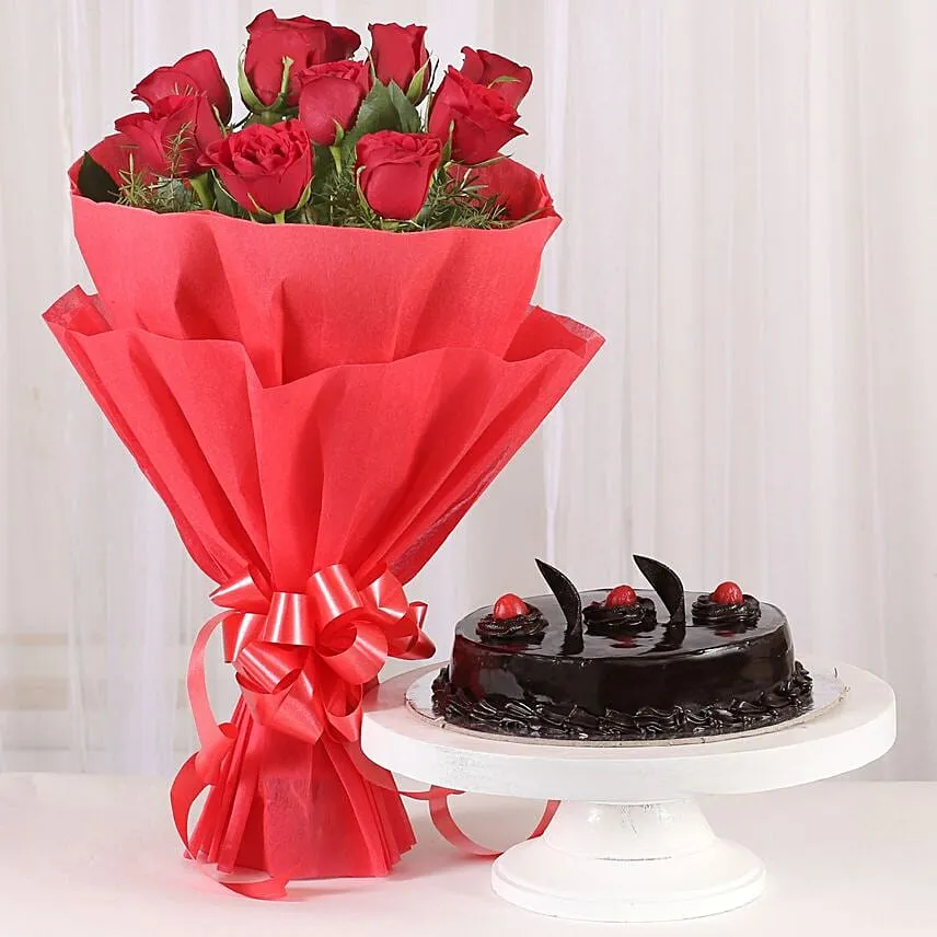 Eggless Chocolate Truffle Cake and Red Roses Bouquet