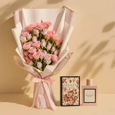 Elegant Floral Bouquet & Gucci Bloom Perfume Gift Set for Mom
