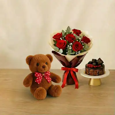 Luscious Cherry Cake n Roses - With Teddy