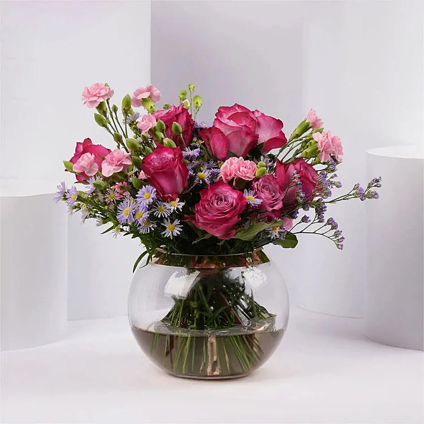 Elegant Rose and Carnation Bouquet in Glass Vase