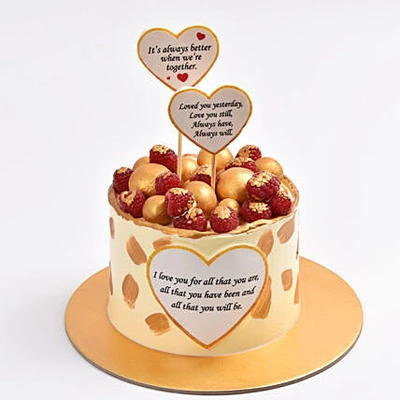 Love's Golden Chocolate Cake with Berries & Gold Accents