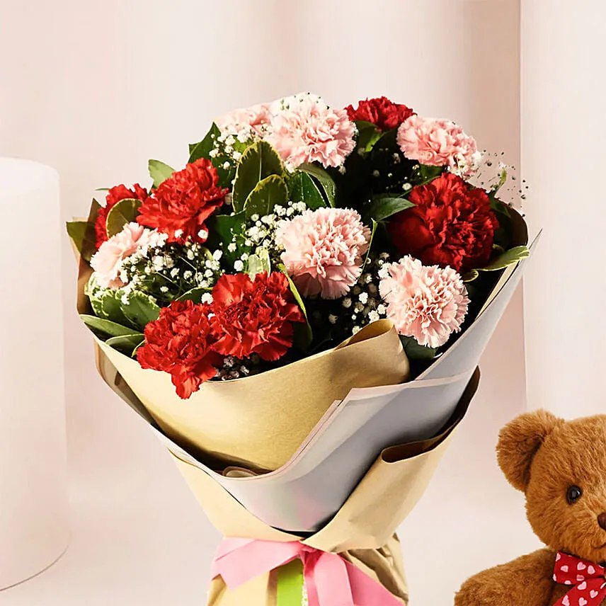 Appealing Mixed Carnations Bouquet With Teddy Bear