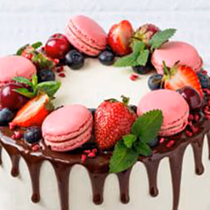 Vanilla Symphony Macaron Cake with Berries and Chocolate Drip