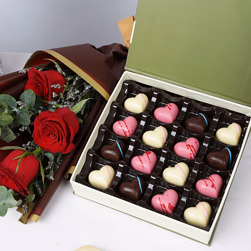Chocolate Hearts Box with Red Roses Bouquet