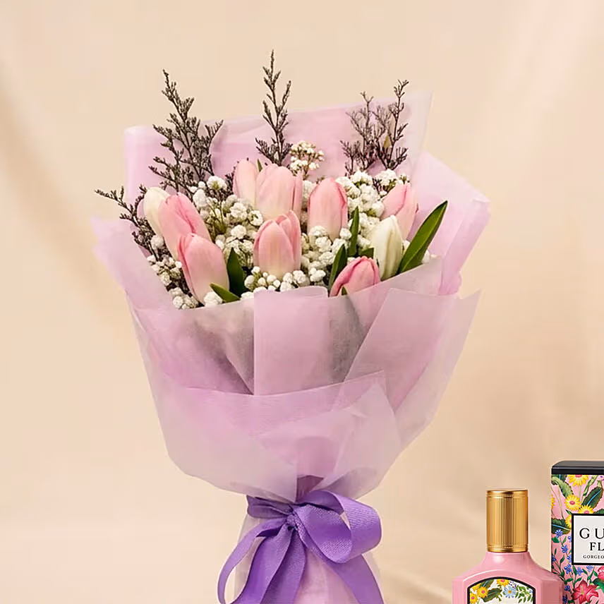 Elegant Tulips Bouquet and Perfume for Mom