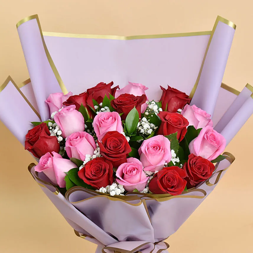 Love Expressions Pink And Red Roses Bouquet With Cake For Valentines