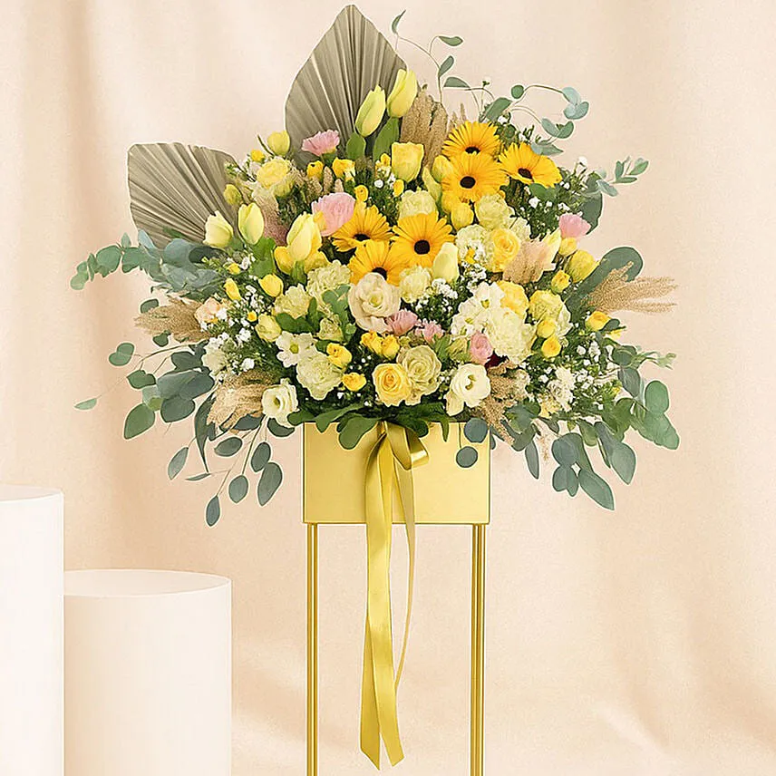 Graceful Mixed Flowers Golden Stand