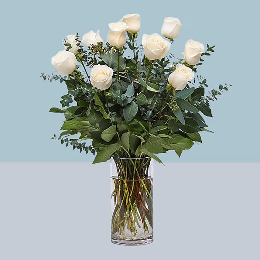12 Bright White Roses Glass Vase Arrangement