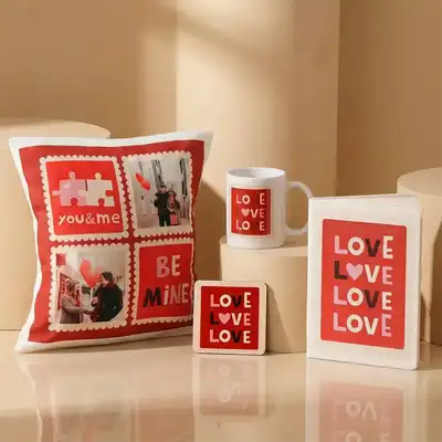 Deluxe Personalised Love Gift Set: Cushion, Mug, Notebook & Coaster