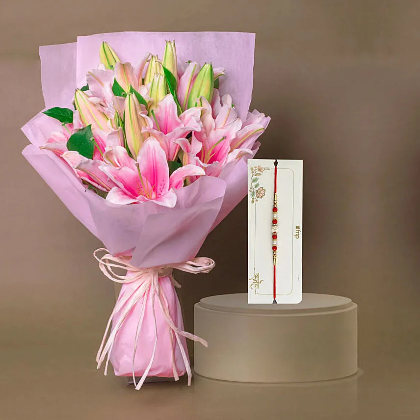 6 Passionate Oriental Pink Lilies with Red & White Pearl Rakhi