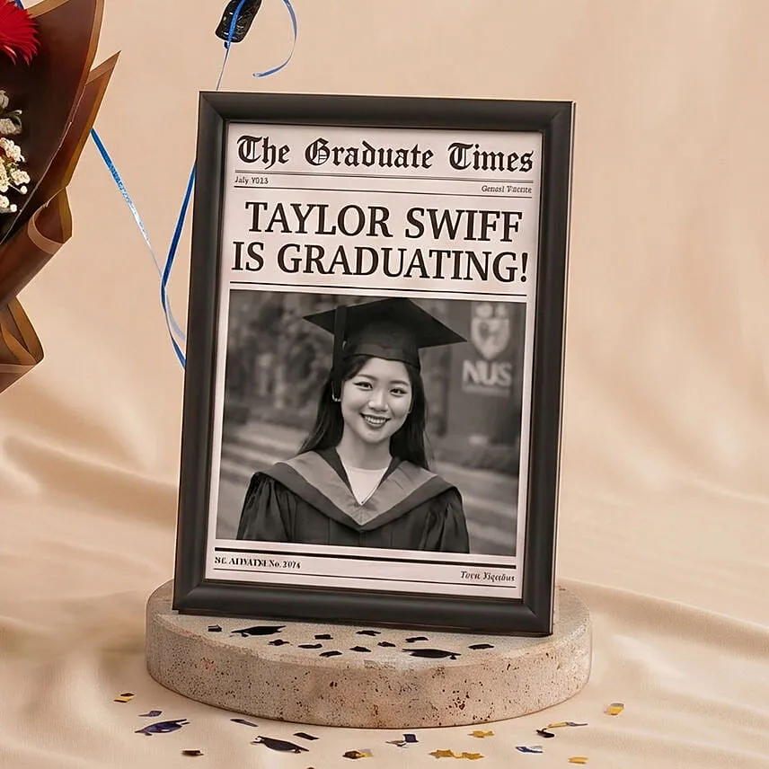 Graduation News Flash Photo Frame and Flowers