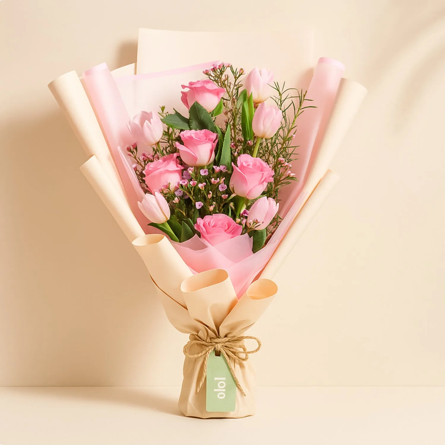 Elegant Blushing Rose & Tulip Bouquet Delight