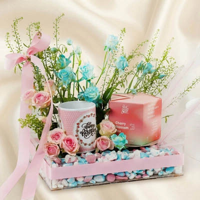 Birthday Flowers n Tea Combo Tray