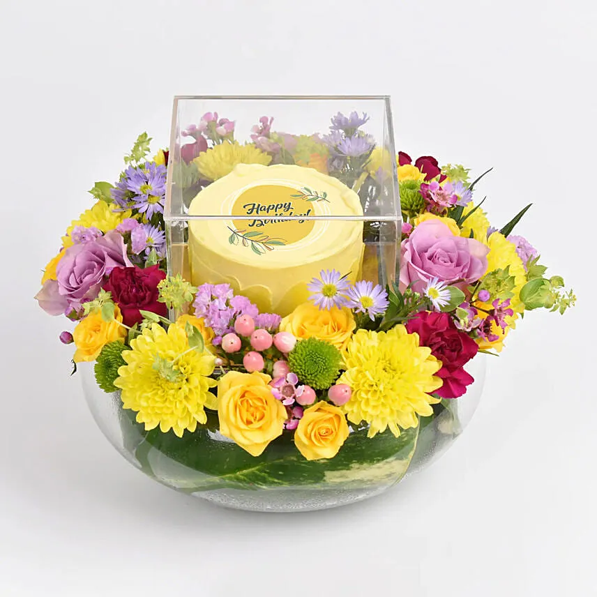 Happy Friendship Day Mono Cake and Flowers Dish