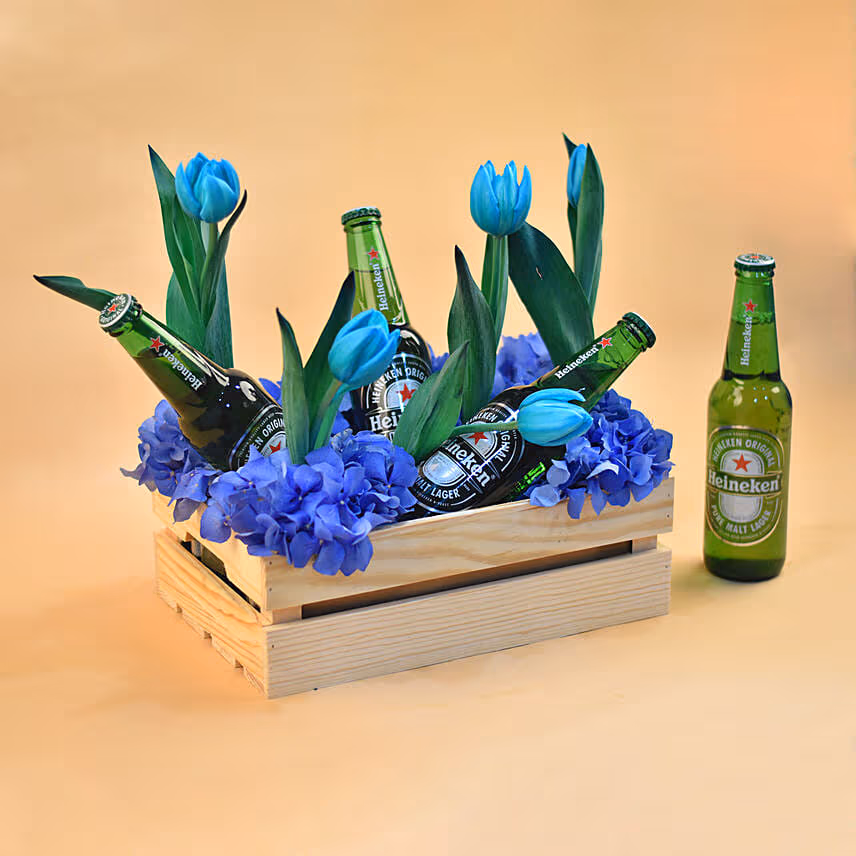 Mixed Flowers & Beer Wooden Crate
