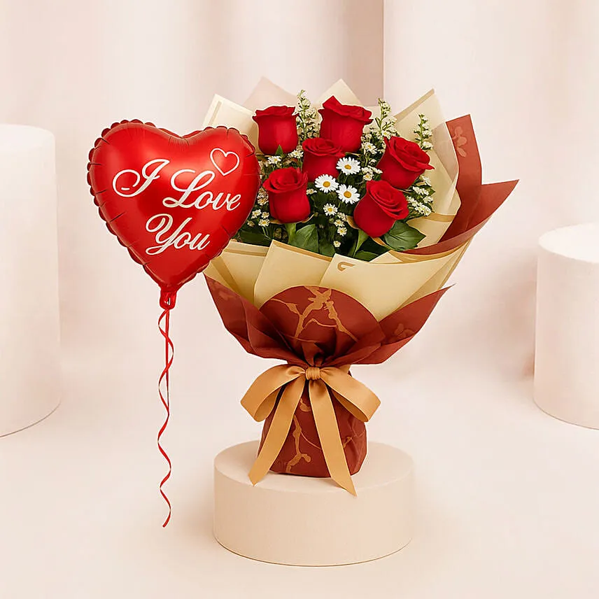 Designer Red Roses Bouquet With I Love You Balloon