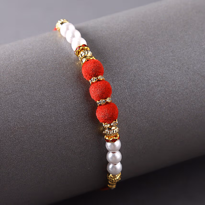 Sneh White Pearl And Velvet Beads Rakhi With Lindt Premium Chocolates
