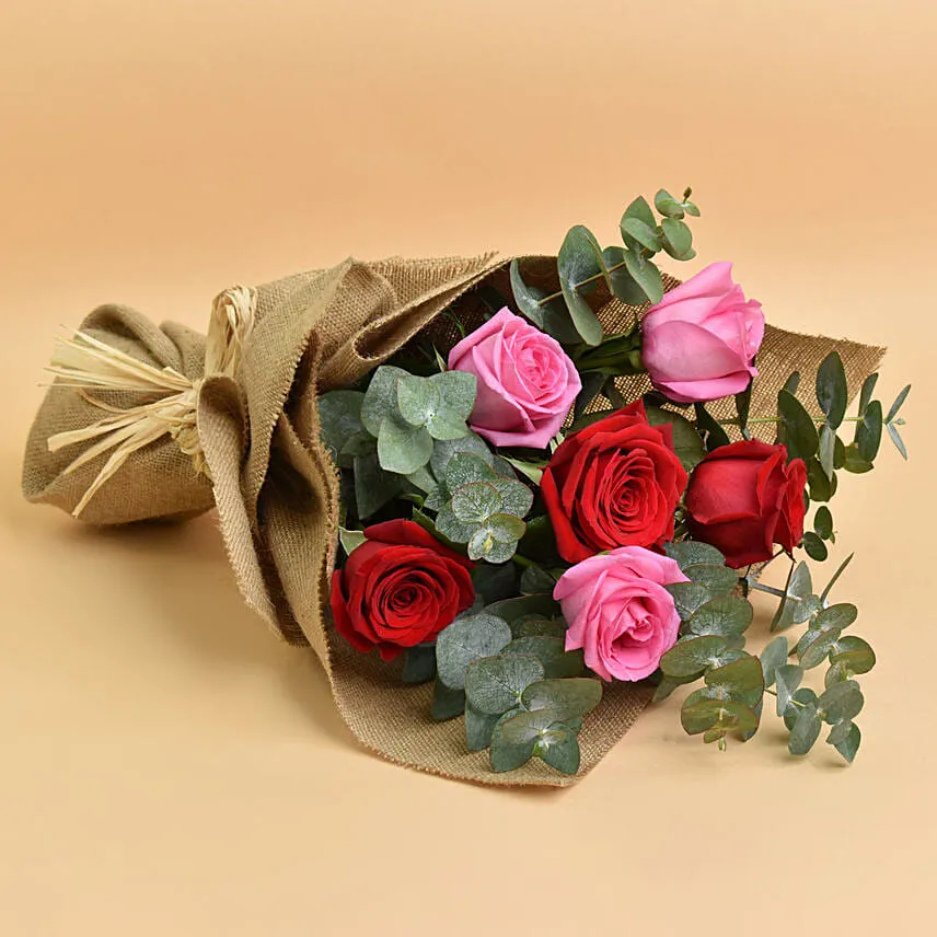 3 Pink 3 Red Roses Valentines Love Bouquet