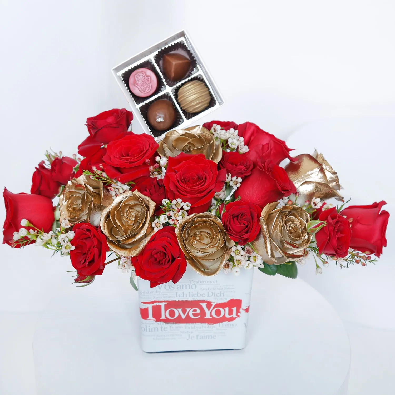 Love's Sweet Embrace Vase with Gold & Red Roses and Chocolates by Opera Patisserie