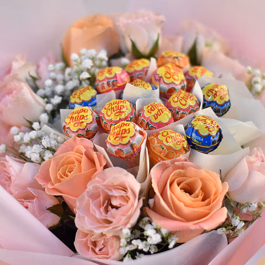 Pink Spray Roses & Chupa Chups Bouquet