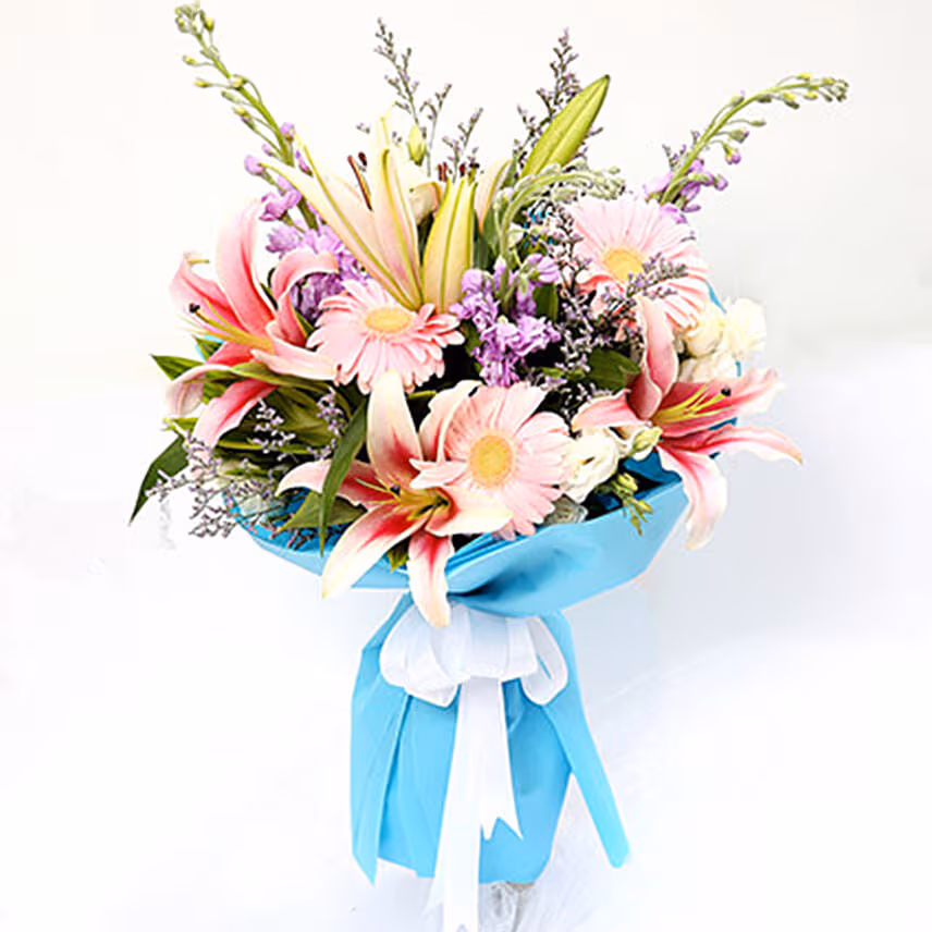 Attractive Gerberas And Lavender Flower Bouquet with Ferrero Rocher