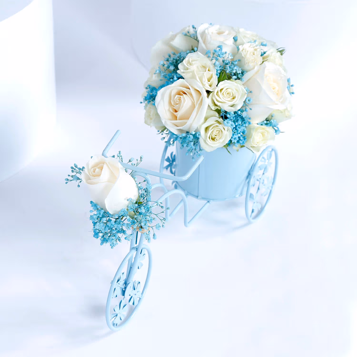 Charming White Roses Bicycle Floral Arrangement