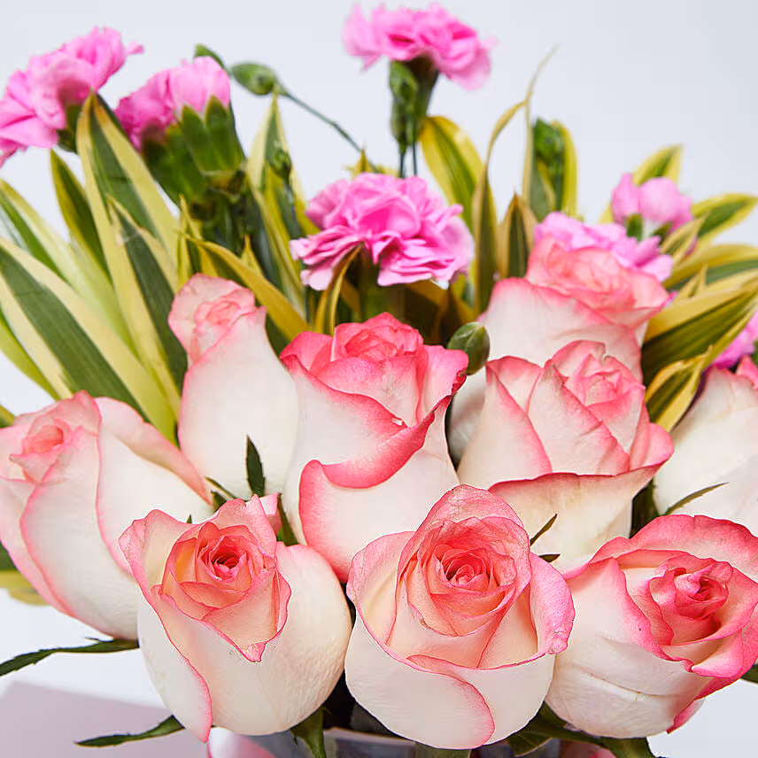 Dual Shade Roses And Carnations In Vase
