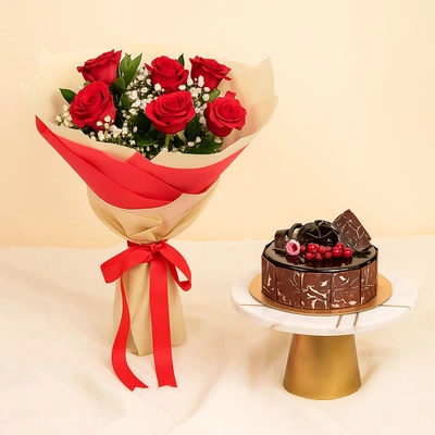 Beauty Of Love Red Flower Bouquet  - With Cake 