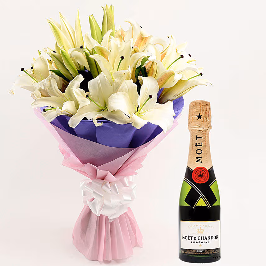 Lovely White Oriental Lilies Bouquet with Moet Champagne 200ml