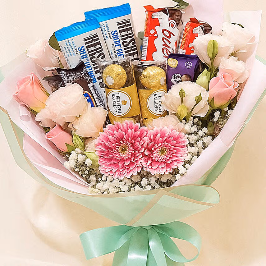 Flowers & Chocolate Bouquet with Pink Elegance