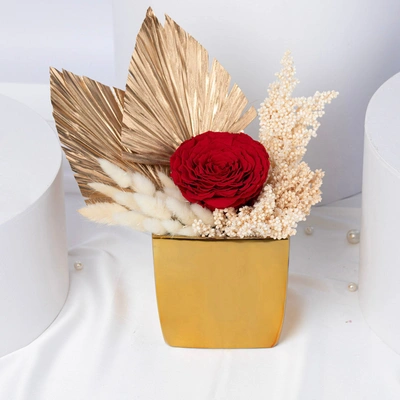 Luxurious Regal Red Forever Rose in Golden Vase